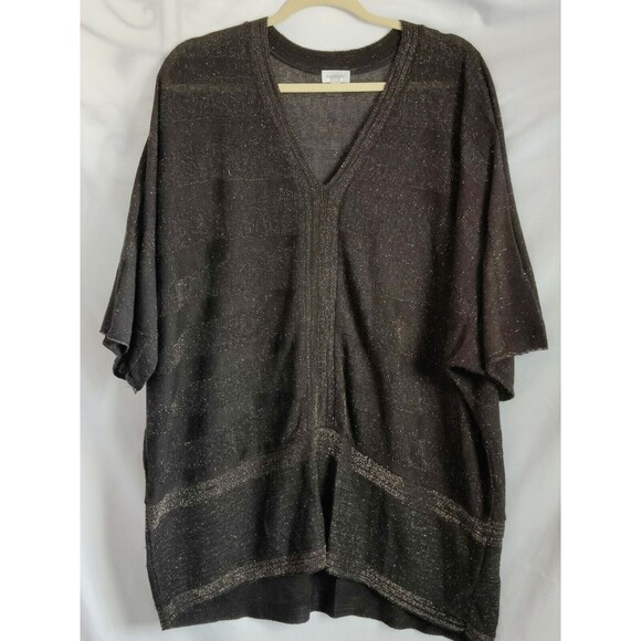 Avenue‎ Womens Black & Gold Metallic Strip Top Blouse Short Sleeve V-Neck - Picture 1 of 10